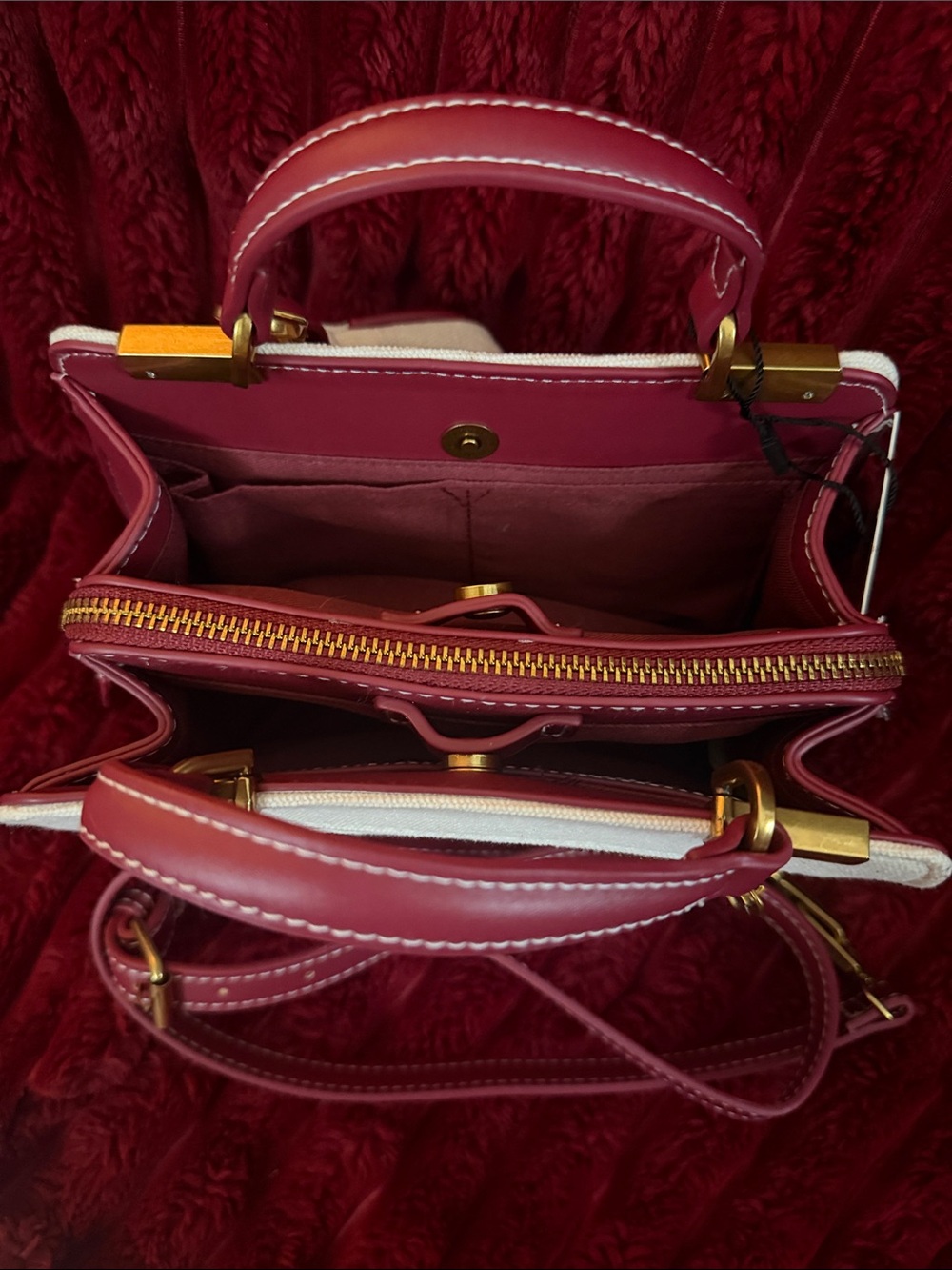 Steve Madden Cream and Burgundy Convertible Top-Handle Satchel - Picture 4 of 4
